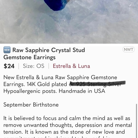 🆕 Raw Sapphire Crystal Stud Gemstone Earrings,gold posts - Picture 6 of 6